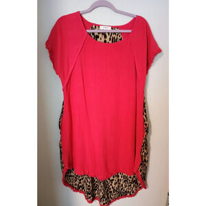 Umgee Red & Animal Print Hi-Lo Hem Flax Blend Fringed Hippie Chic Dress XL